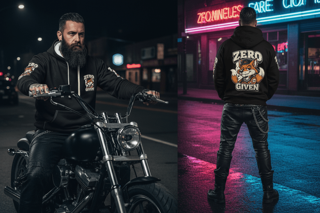 Zero Fox Given Bold Hoodie, on-model three-quarter rear, Ember Spirit Apparel