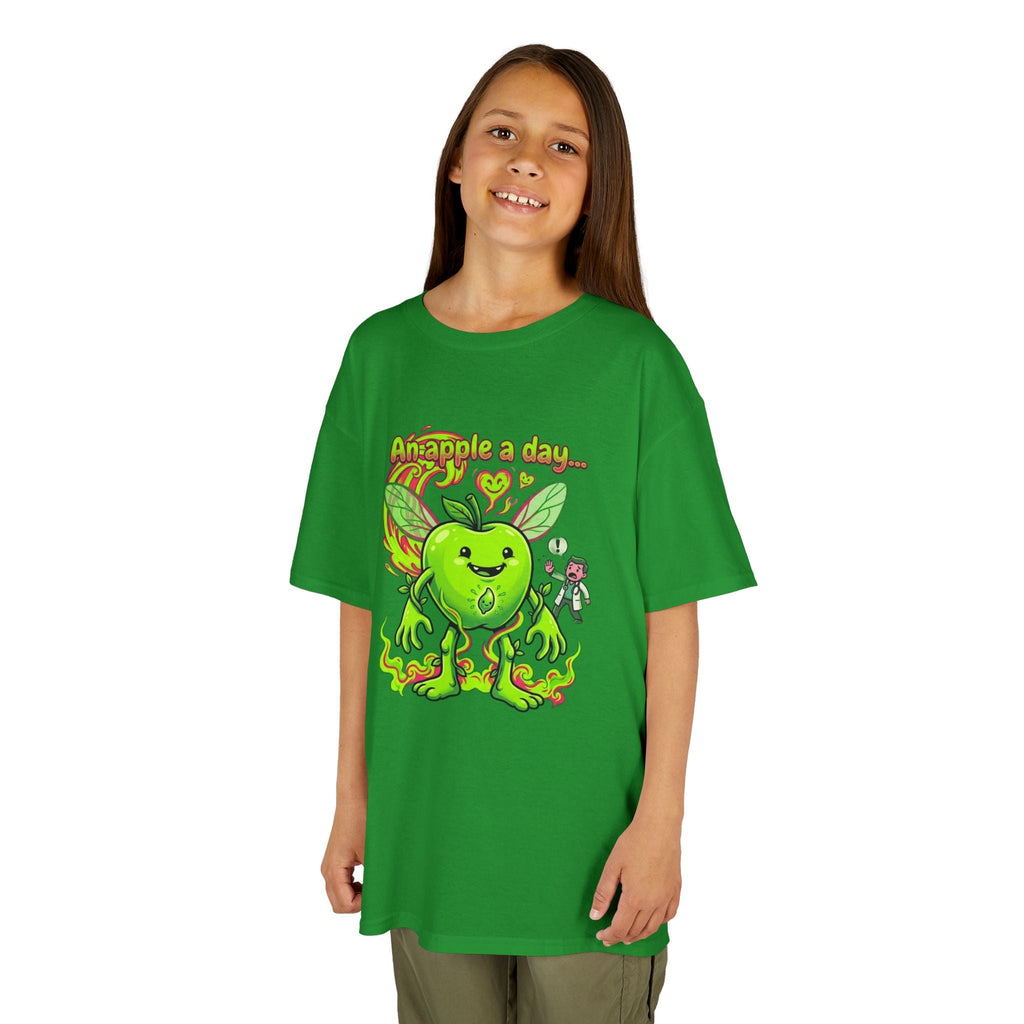 Kids Graphic Tee – 'An Apple a Day' Cute Green Alien Apple Cartoon ShirtEmber Spirit Apparel