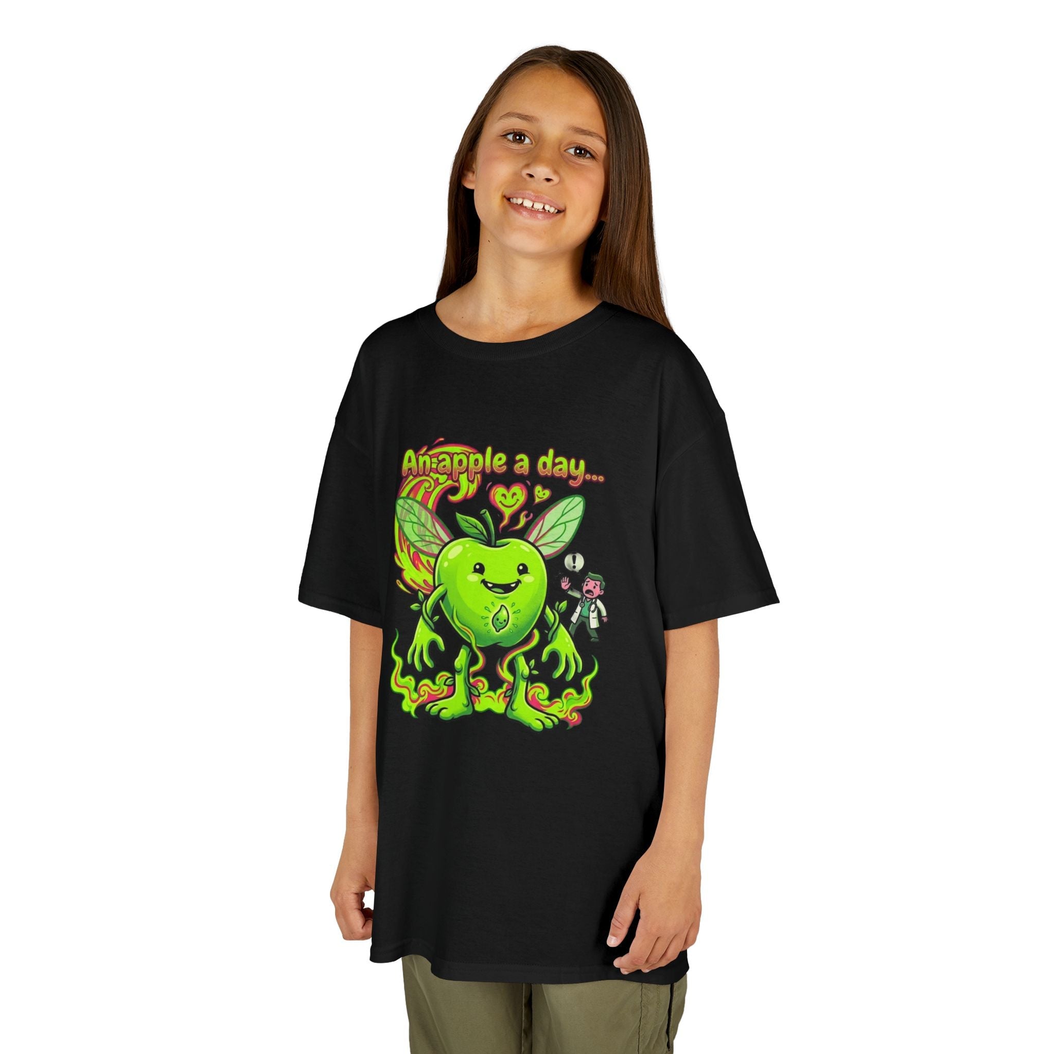 Kids Graphic Tee – 'An Apple a Day' Cute Green Alien Apple Cartoon ShirtEmber Spirit Apparel