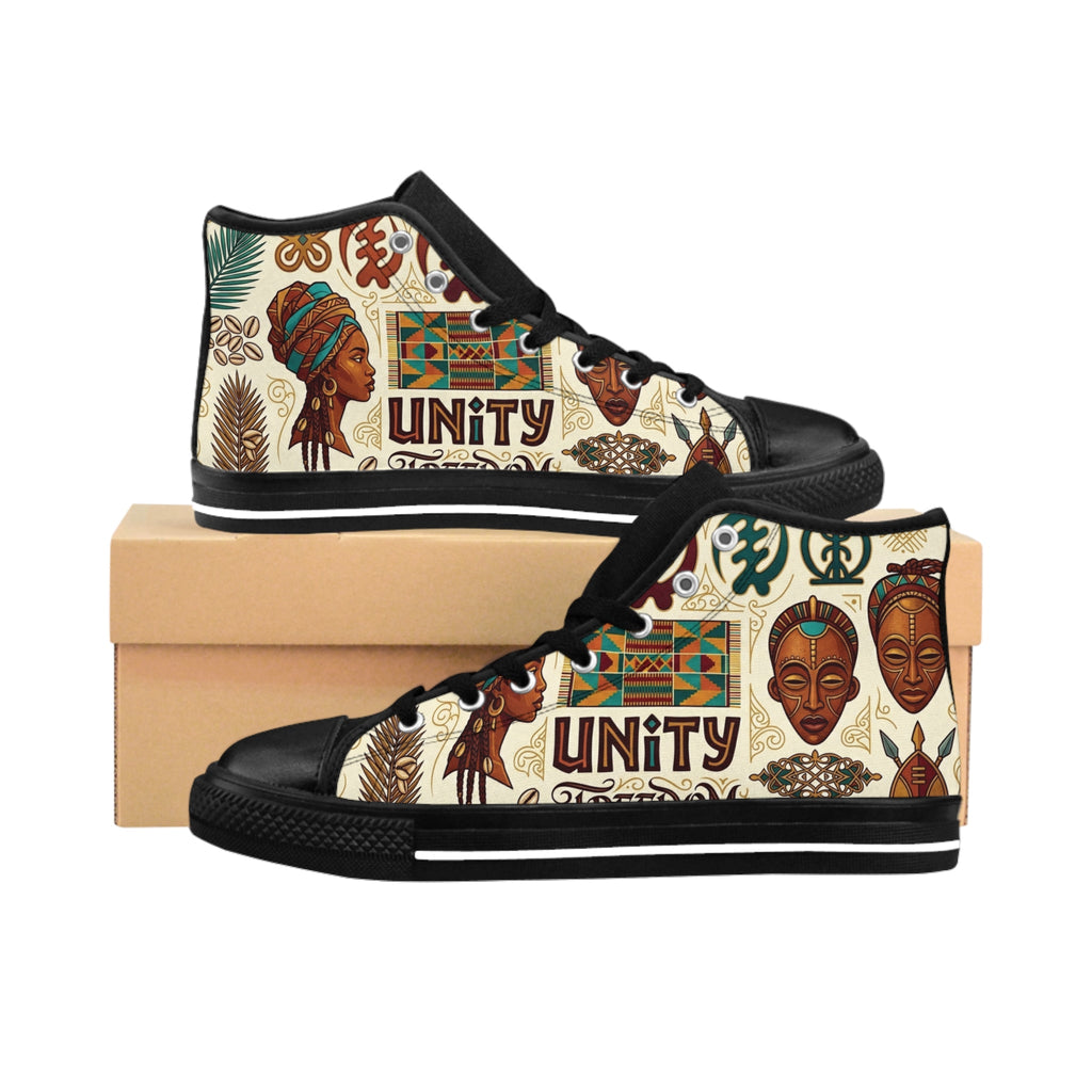Pan African Sneakers, bold Adinkra symbols and Kente pattern close-up detail