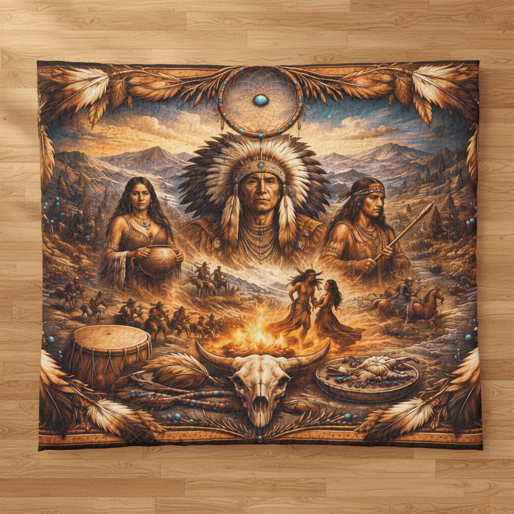 Native Spirit Cotton Comforter – Tribal Campfire Scenic Indigenous Art BeddingEmber Spirit Apparel