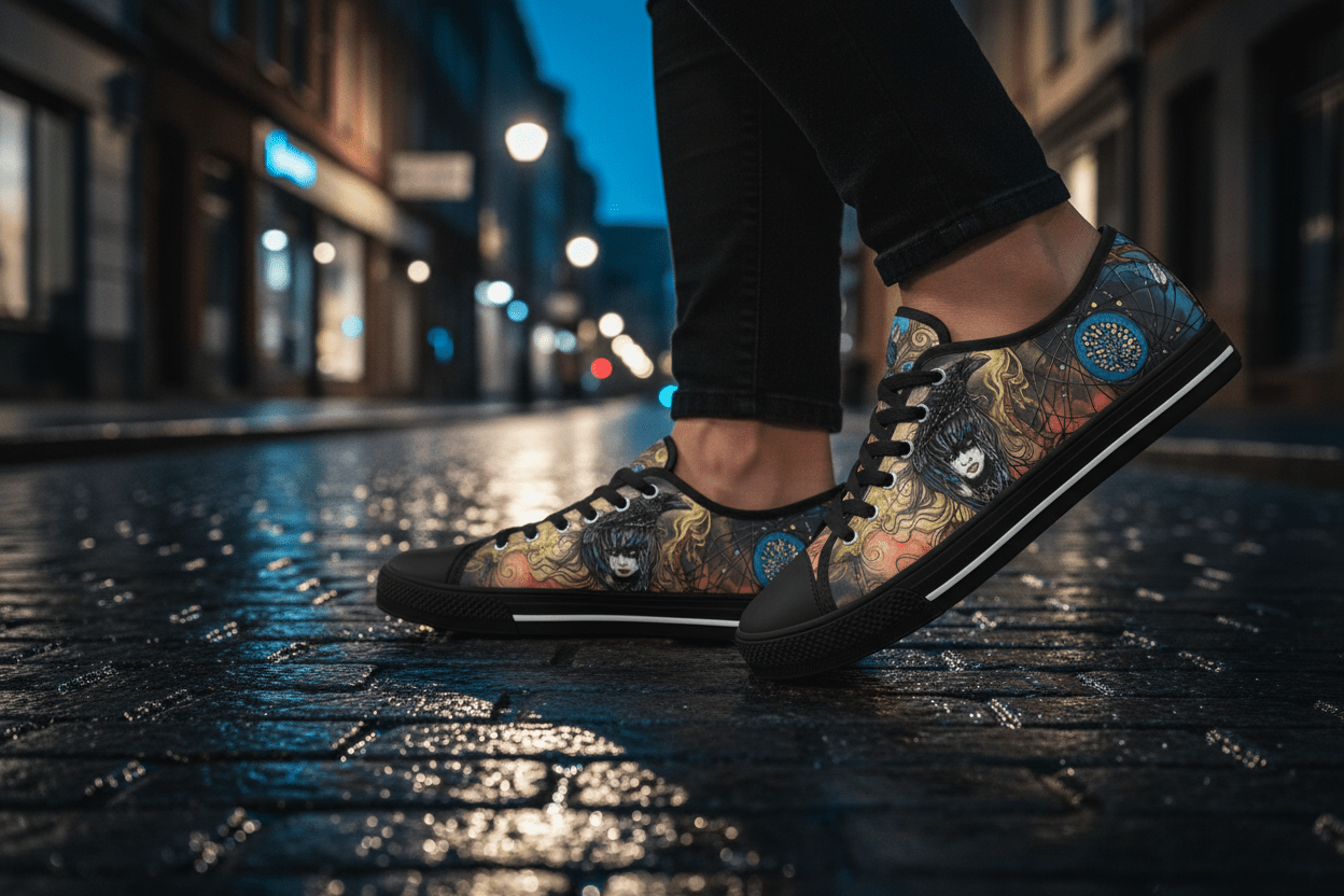 Medicine of the Raven Low Top Sneakers — Spirit Roots, Water & Sky DesignEmber Spirit Apparel