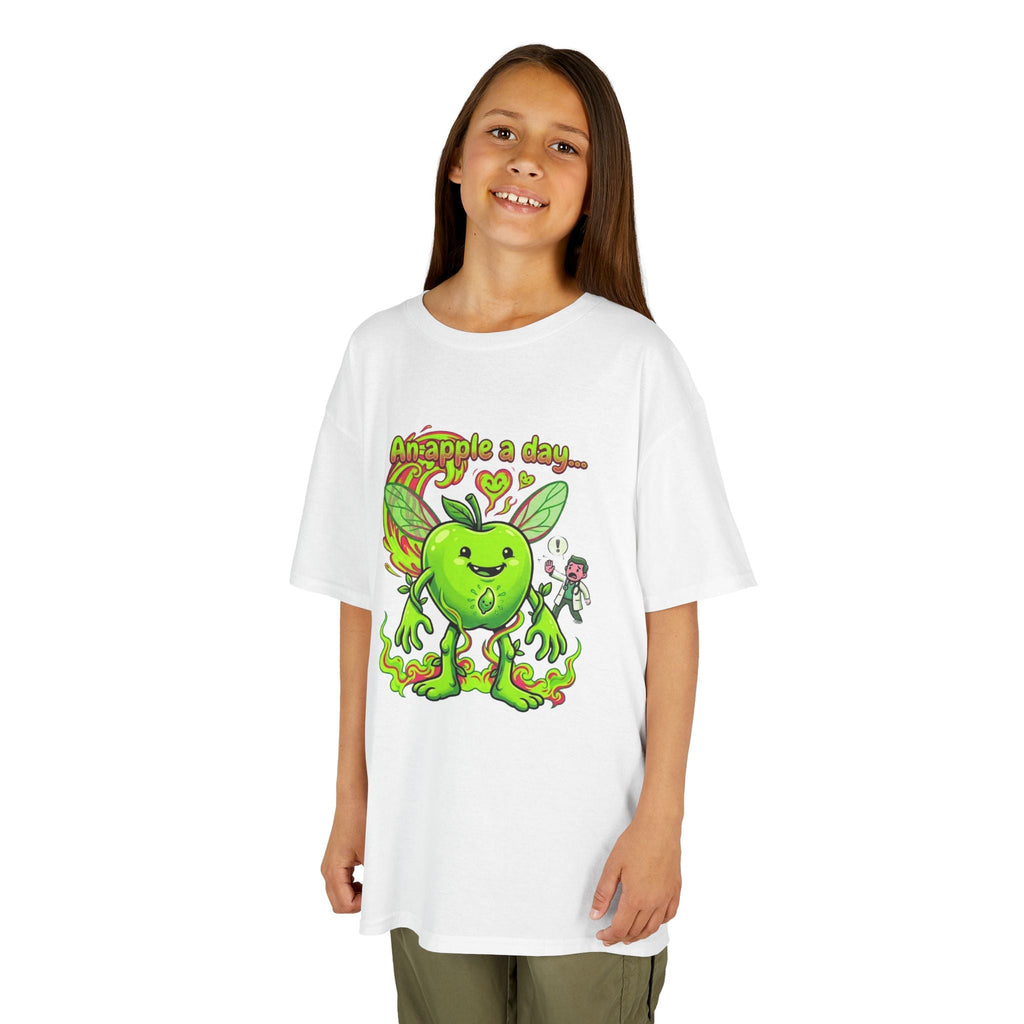 Kids Graphic Tee – 'An Apple a Day' Cute Green Alien Apple Cartoon ShirtEmber Spirit Apparel