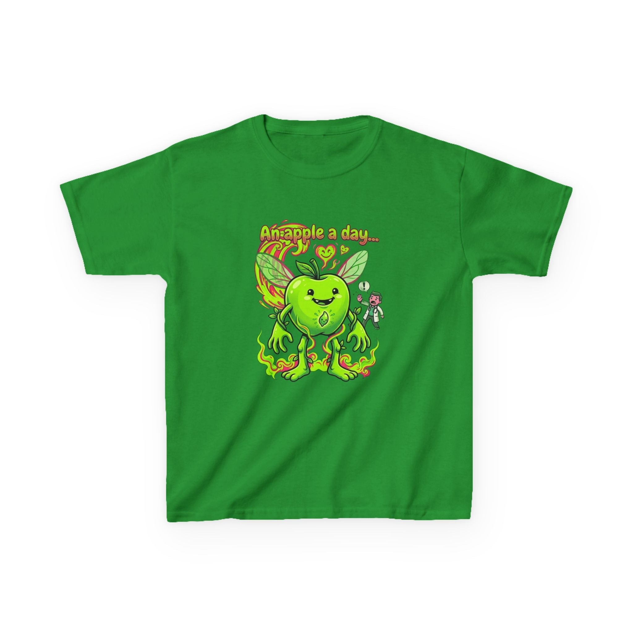 Kids Graphic Tee – 'An Apple a Day' Cute Green Alien Apple Cartoon ShirtEmber Spirit Apparel