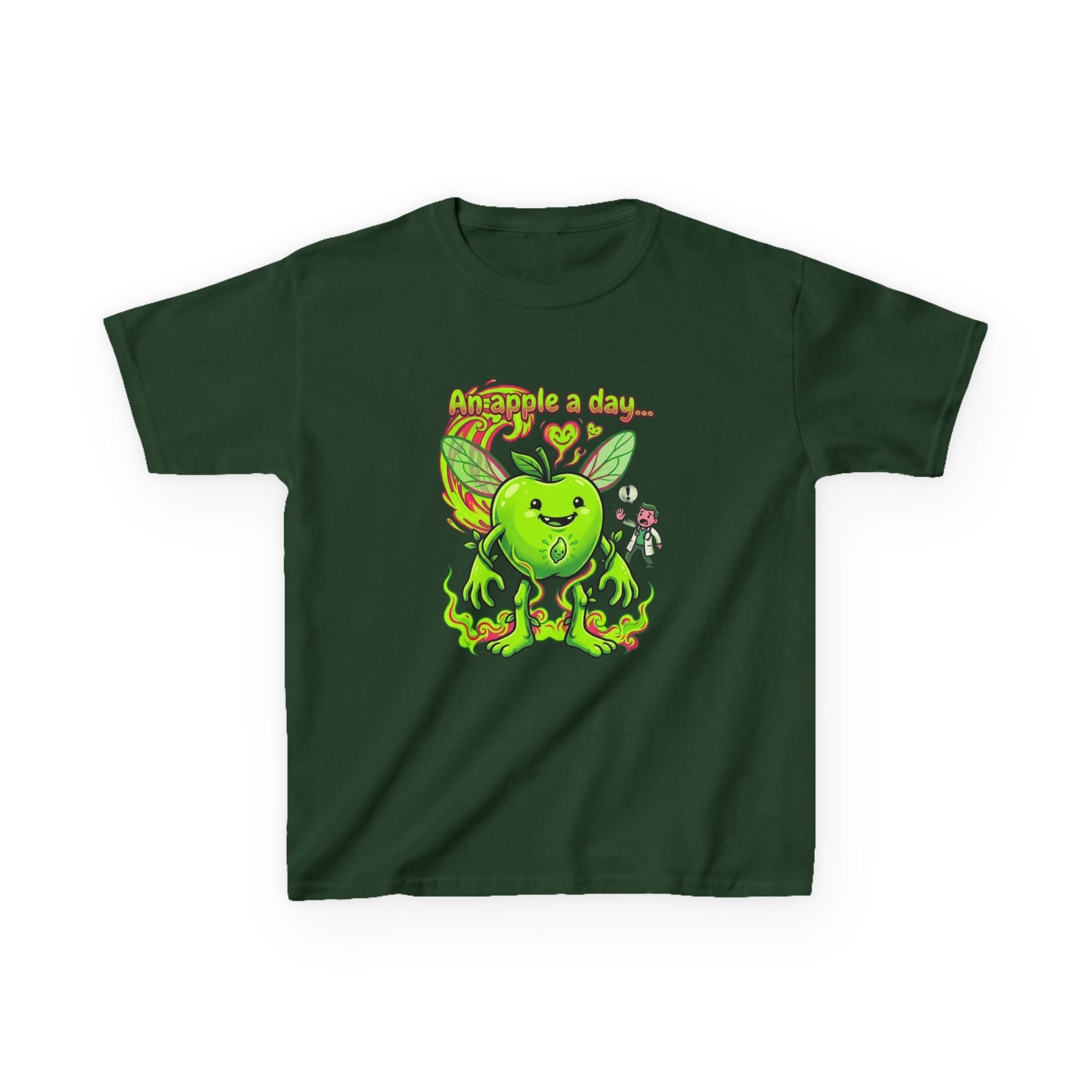 Kids Graphic Tee – 'An Apple a Day' Cute Green Alien Apple Cartoon ShirtEmber Spirit Apparel