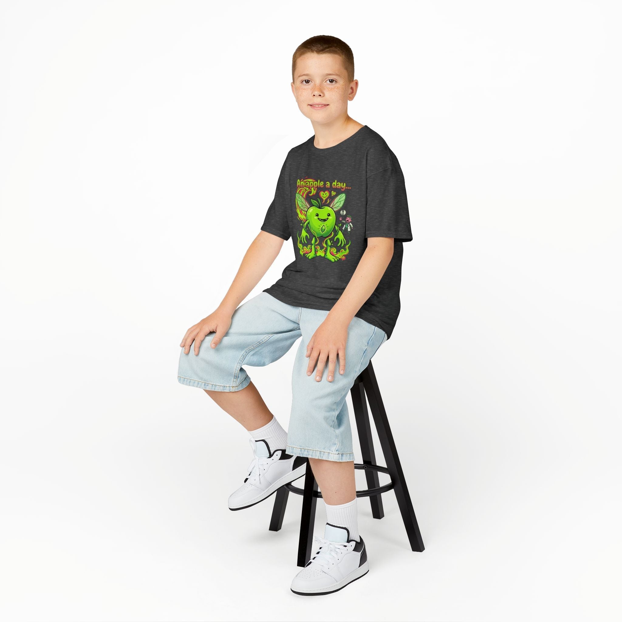 Kids Graphic Tee – 'An Apple a Day' Cute Green Alien Apple Cartoon ShirtEmber Spirit Apparel