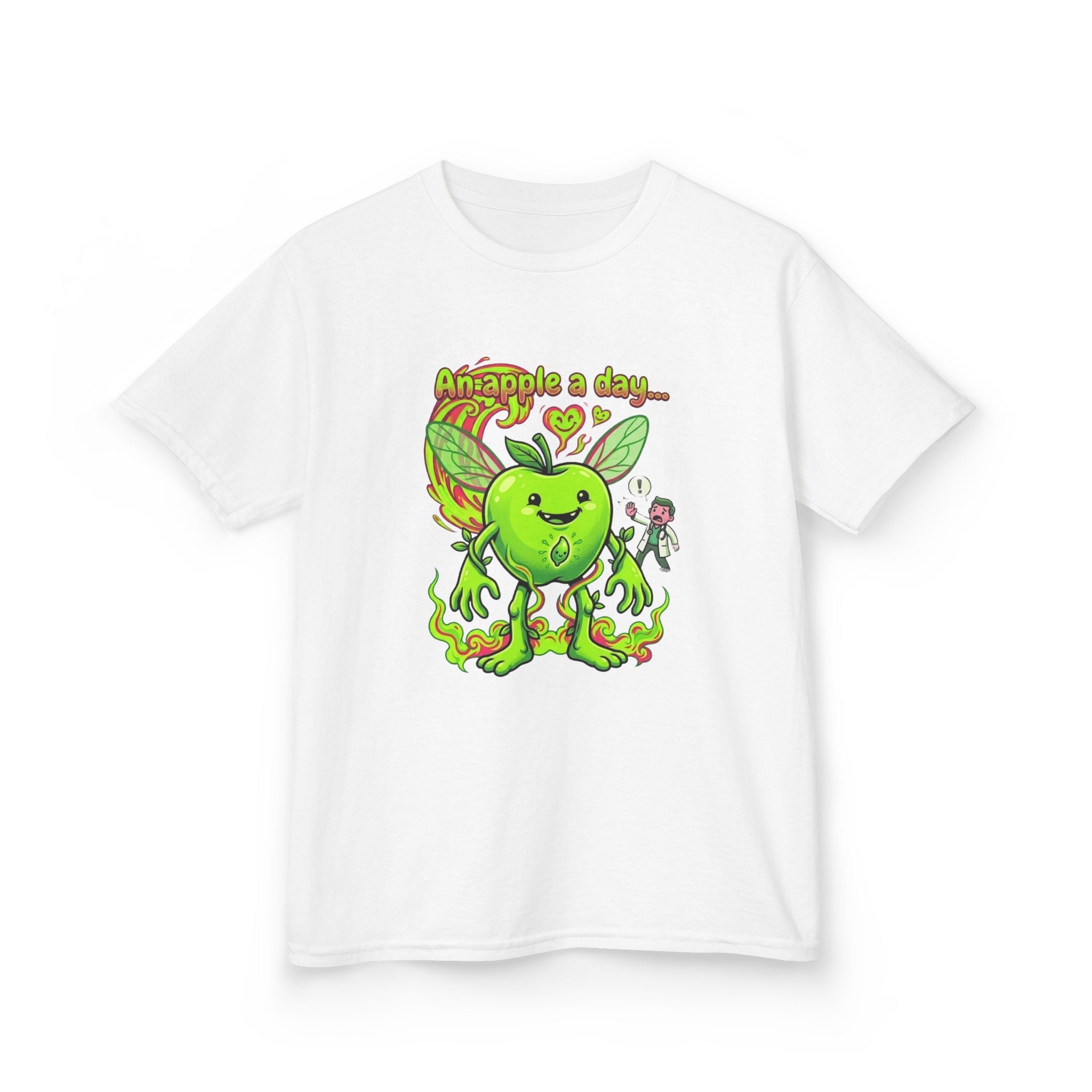 Kids Graphic Tee – 'An Apple a Day' Cute Green Alien Apple Cartoon ShirtEmber Spirit Apparel