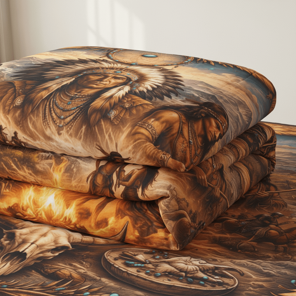 Native Spirit Cotton Comforter – Tribal Campfire Scenic Indigenous Art BeddingEmber Spirit Apparel