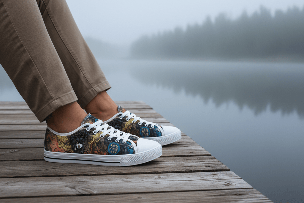 Medicine of the Raven Low Top Sneakers — Spirit Roots, Water & Sky DesignEmber Spirit Apparel
