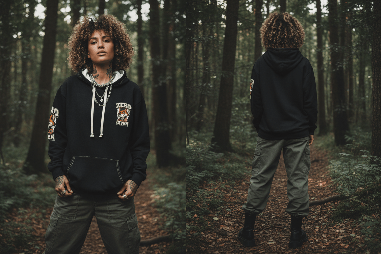 Zero Fox Given unisex sweatshirt, editorial shot, bold fox graphic centered