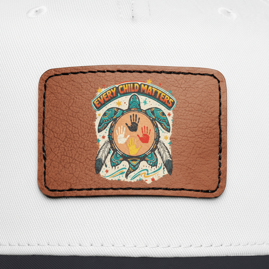 Every Child Matters Baseball Cap, close-up leather patch and turtle emblem detail