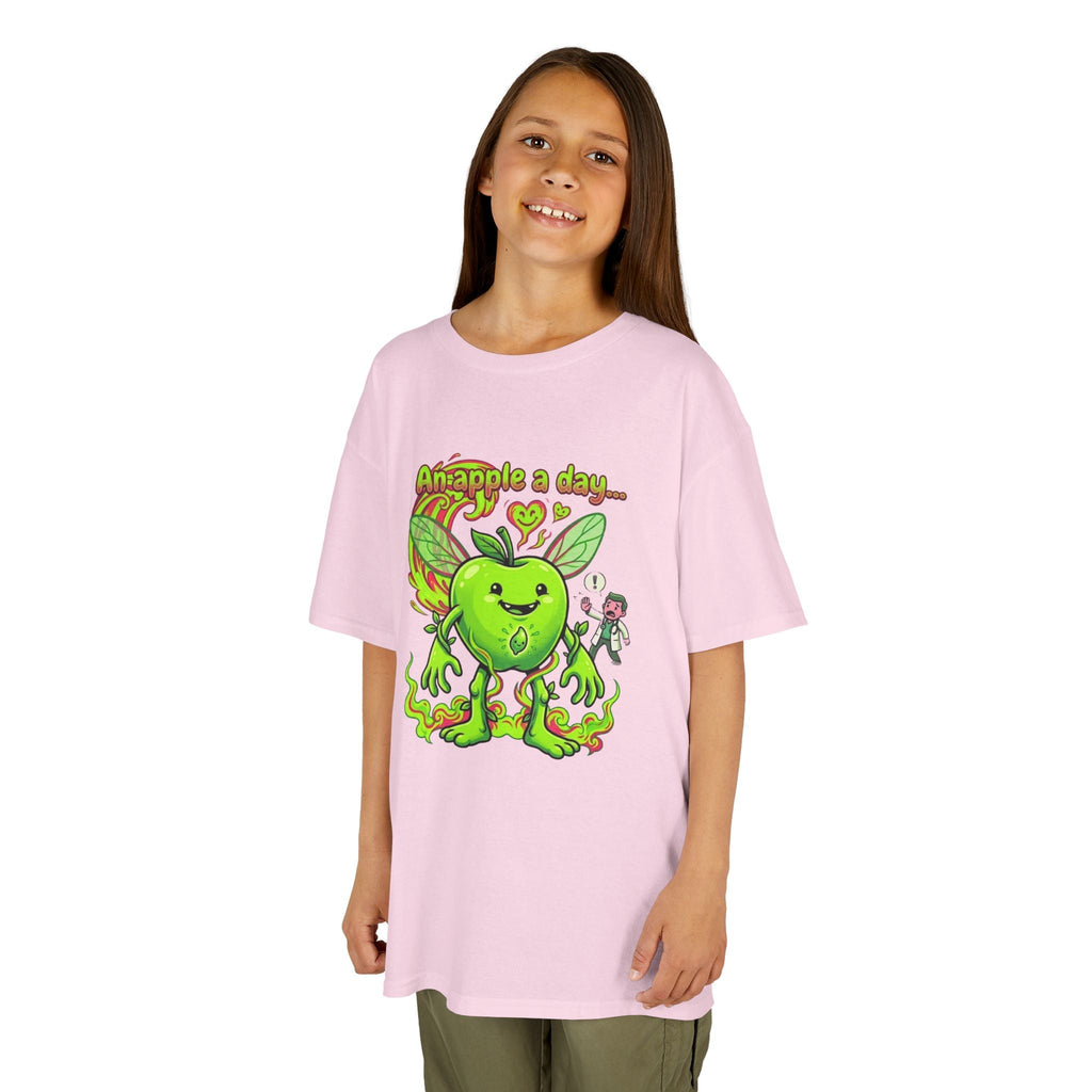 Kids Graphic Tee – 'An Apple a Day' Cute Green Alien Apple Cartoon ShirtEmber Spirit Apparel
