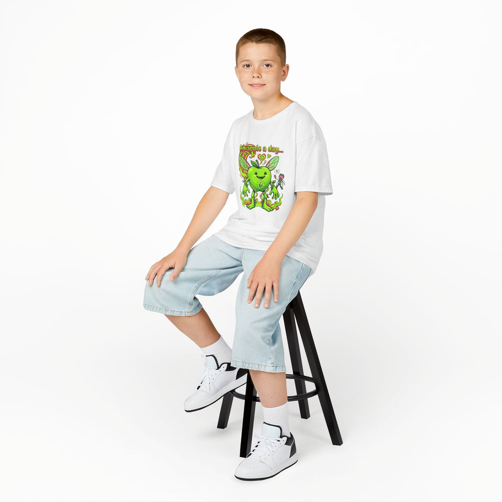 Kids Graphic Tee – 'An Apple a Day' Cute Green Alien Apple Cartoon ShirtEmber Spirit Apparel