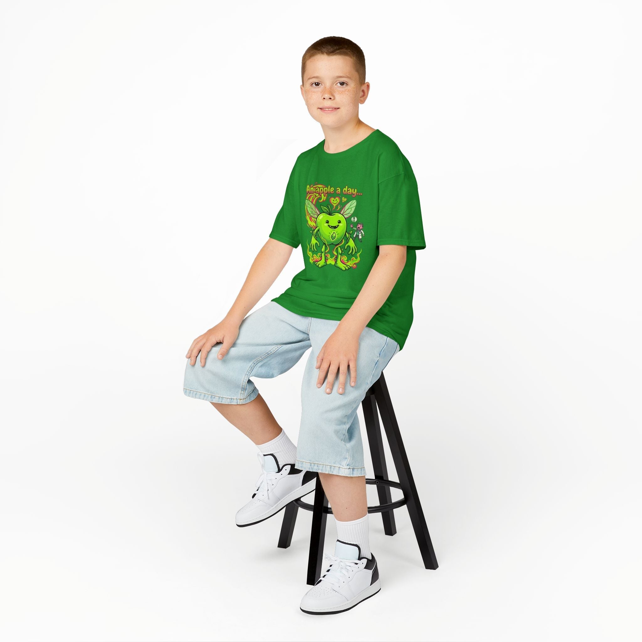 Kids Graphic Tee – 'An Apple a Day' Cute Green Alien Apple Cartoon ShirtEmber Spirit Apparel