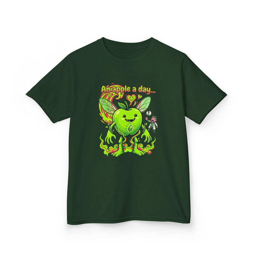 Kids Graphic Tee – 'An Apple a Day' Cute Green Alien Apple Cartoon ShirtEmber Spirit Apparel