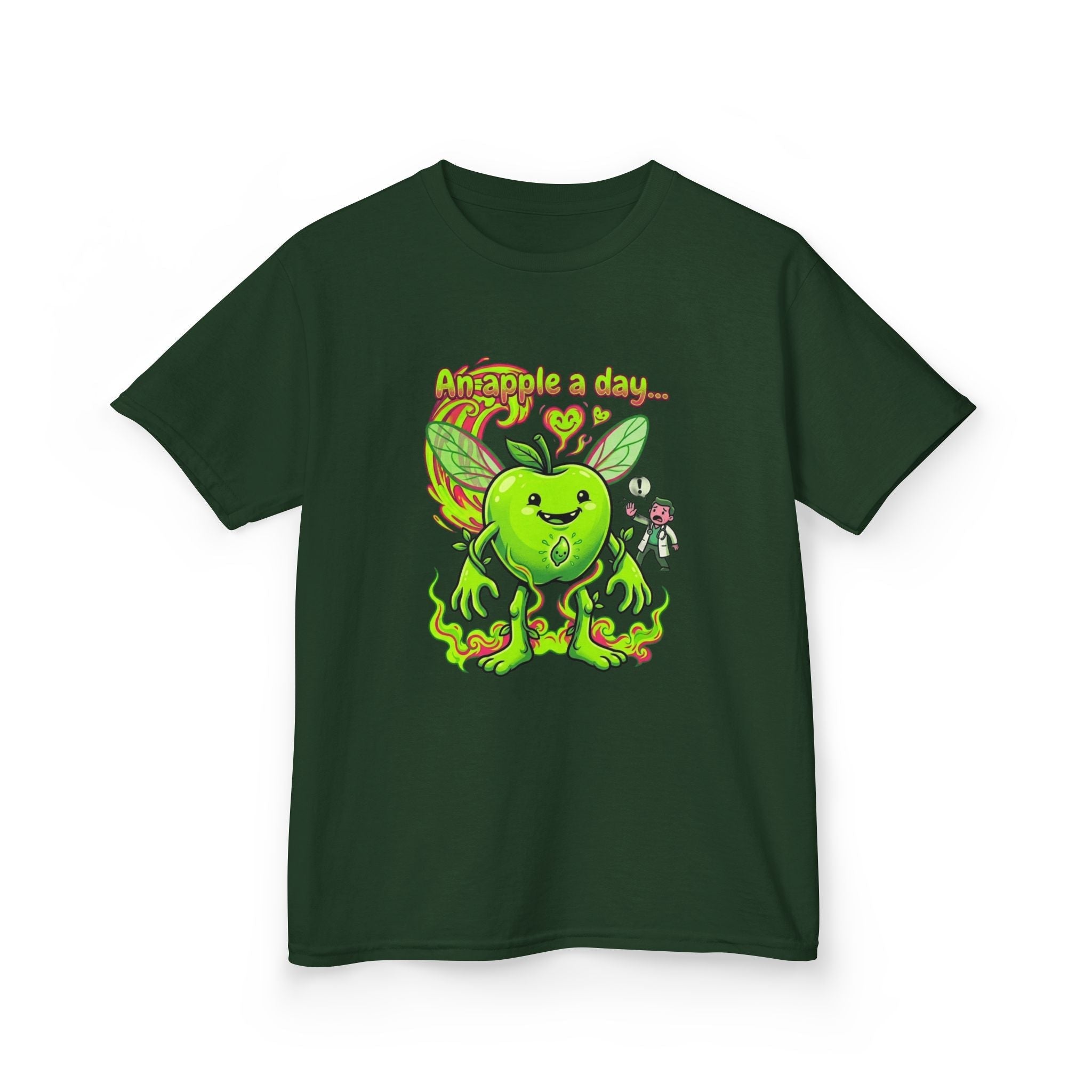 Kids Graphic Tee – 'An Apple a Day' Cute Green Alien Apple Cartoon ShirtEmber Spirit Apparel