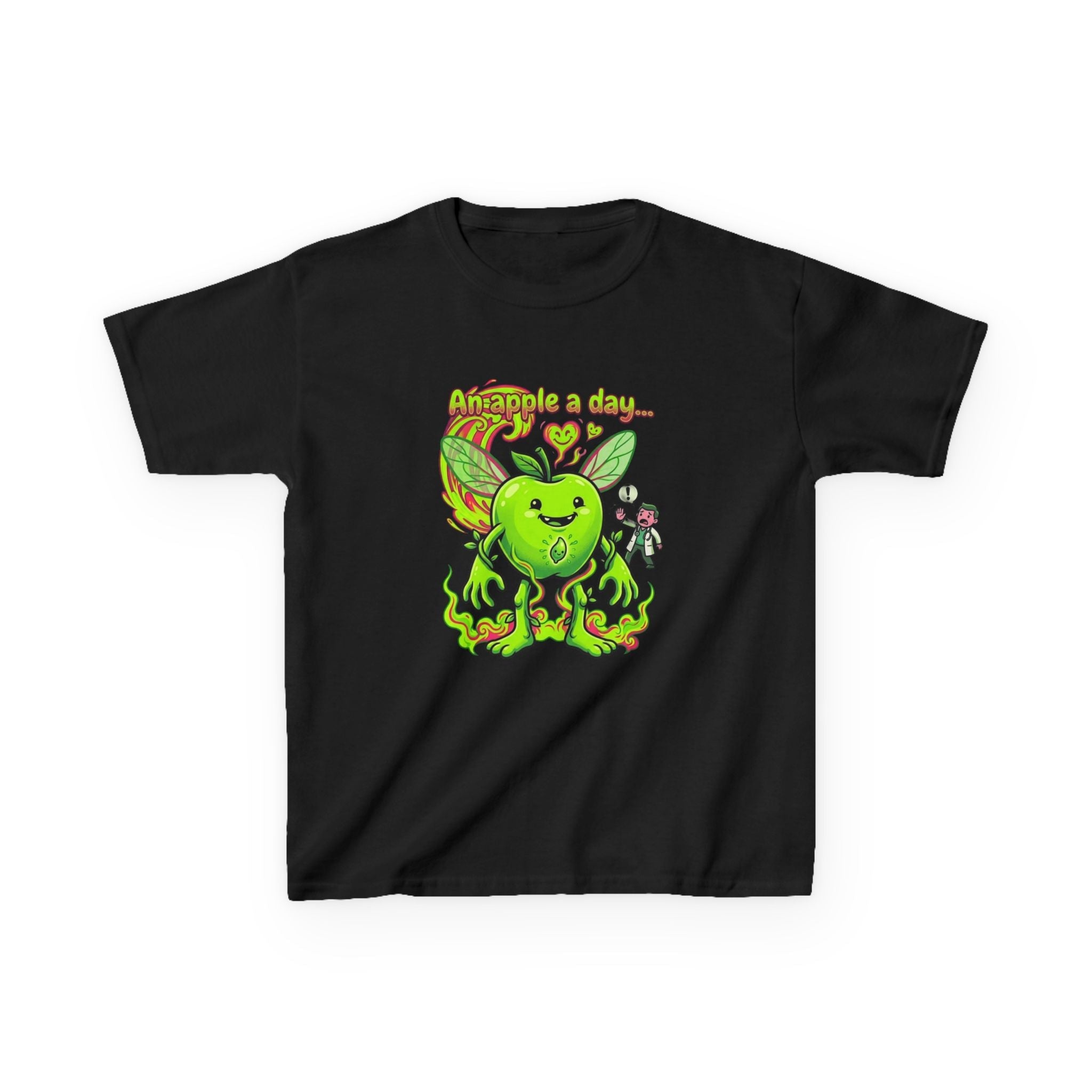 Kids Graphic Tee – 'An Apple a Day' Cute Green Alien Apple Cartoon ShirtEmber Spirit Apparel