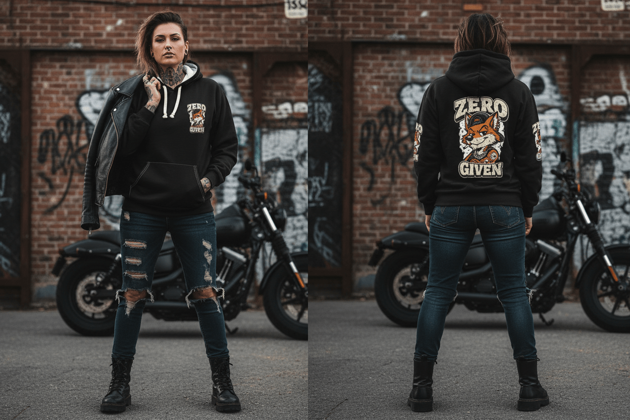 Zero Fox Given unisex sweatshirt, on-model three-quarter front view