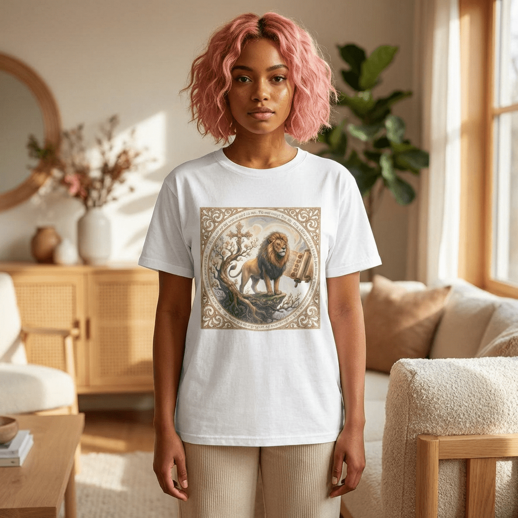 Lion of Judah Vintage Art T-Shirt — biblical lion graphic tee, front view