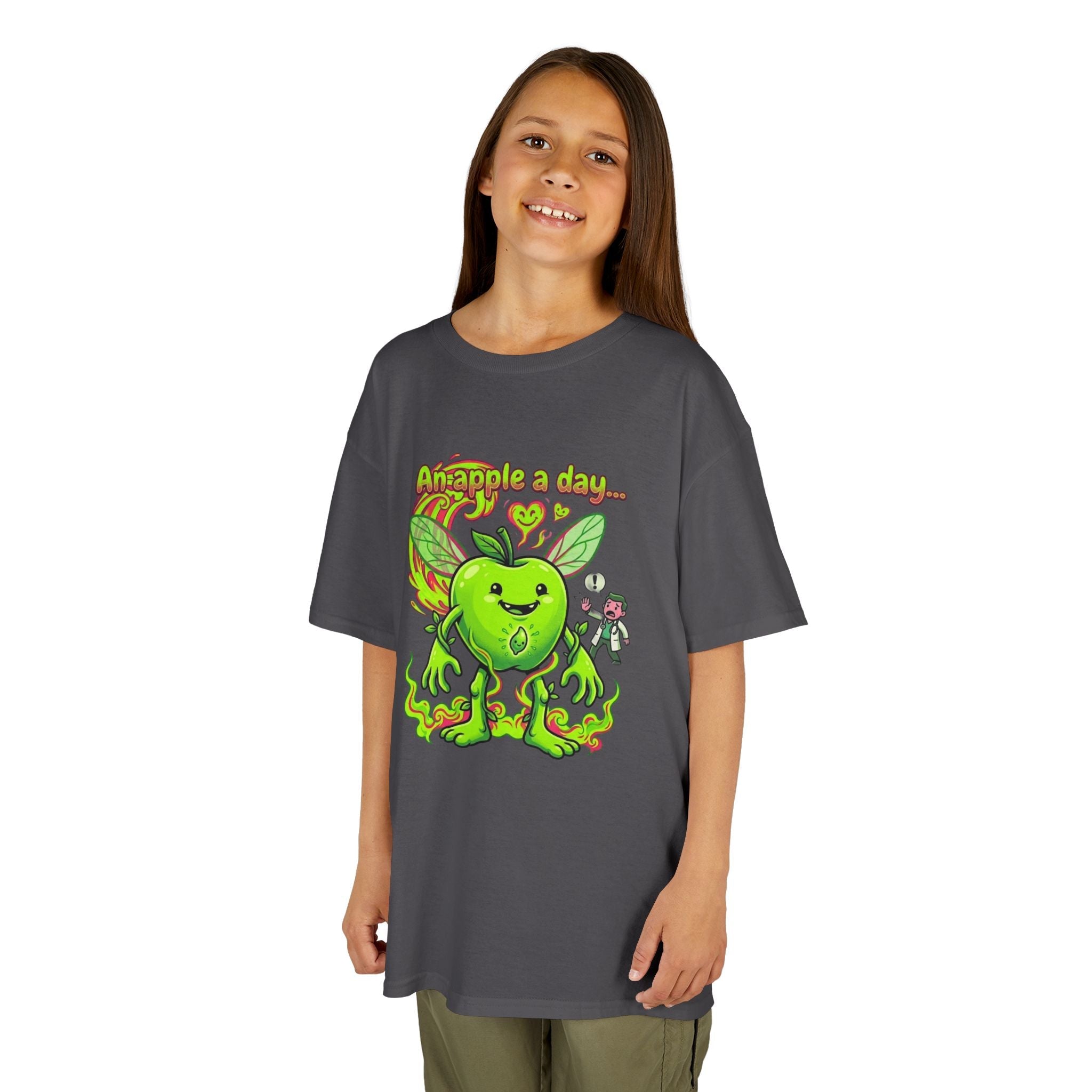 Kids Graphic Tee – 'An Apple a Day' Cute Green Alien Apple Cartoon ShirtEmber Spirit Apparel