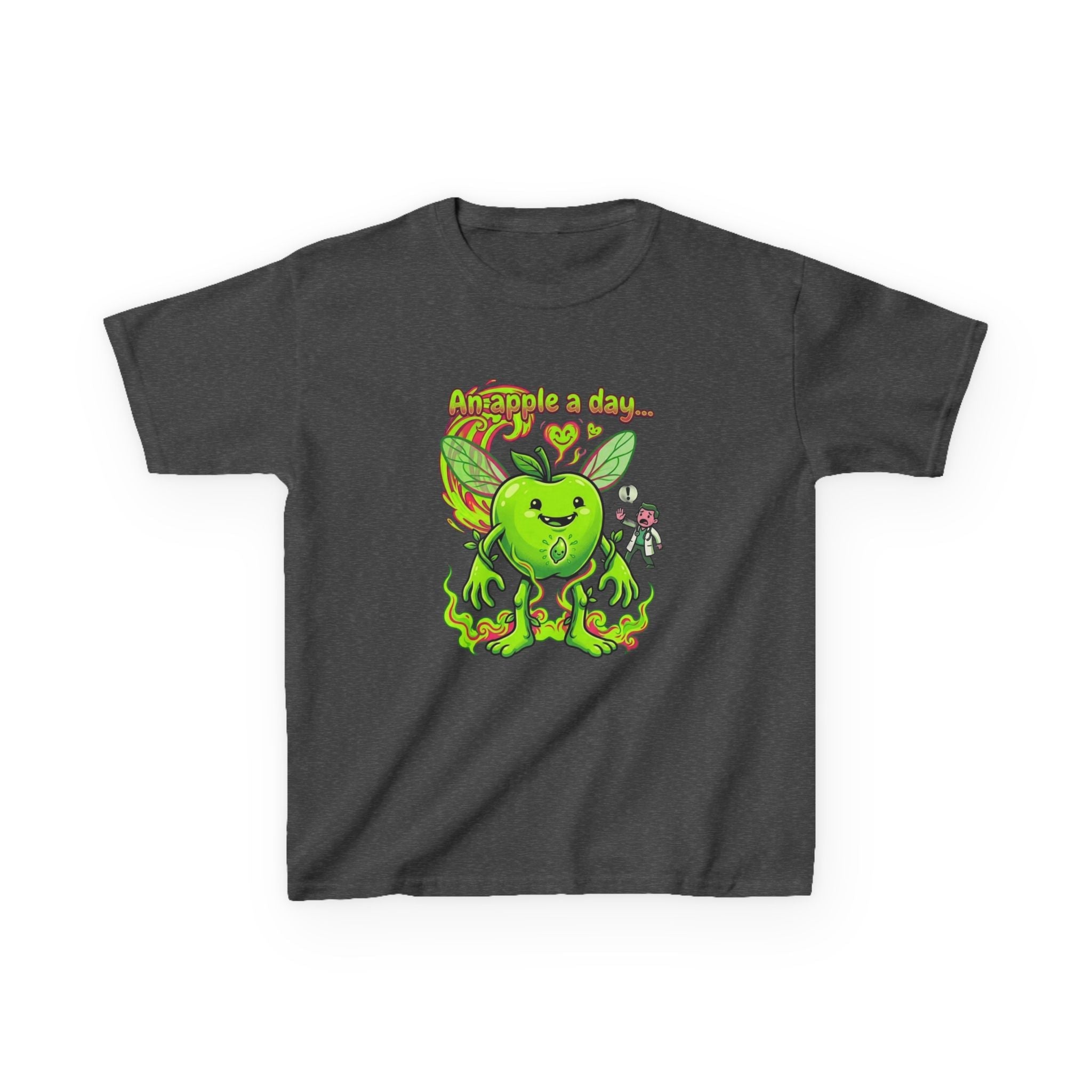 Kids Graphic Tee – 'An Apple a Day' Cute Green Alien Apple Cartoon ShirtEmber Spirit Apparel