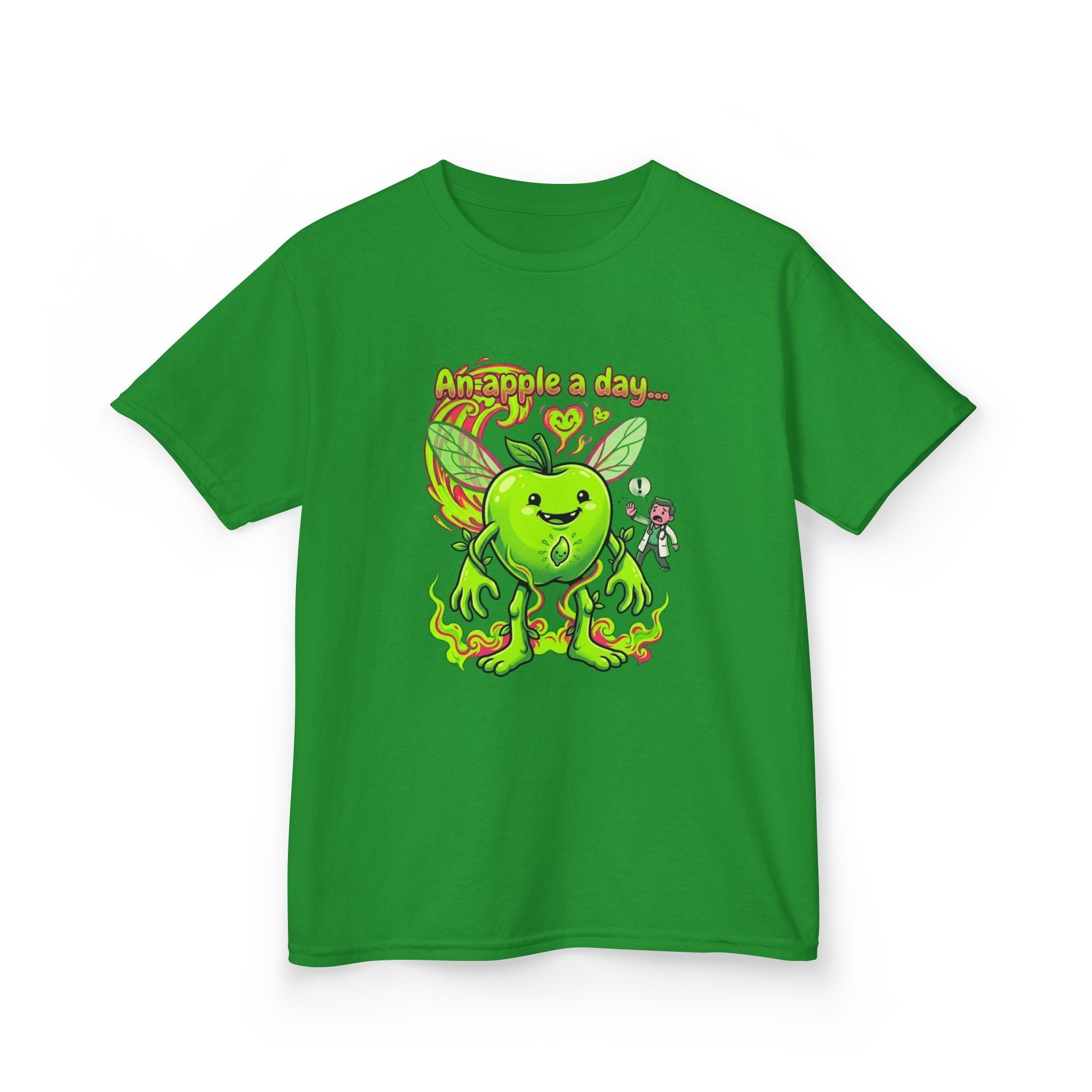 Kids Graphic Tee – 'An Apple a Day' Cute Green Alien Apple Cartoon ShirtEmber Spirit Apparel