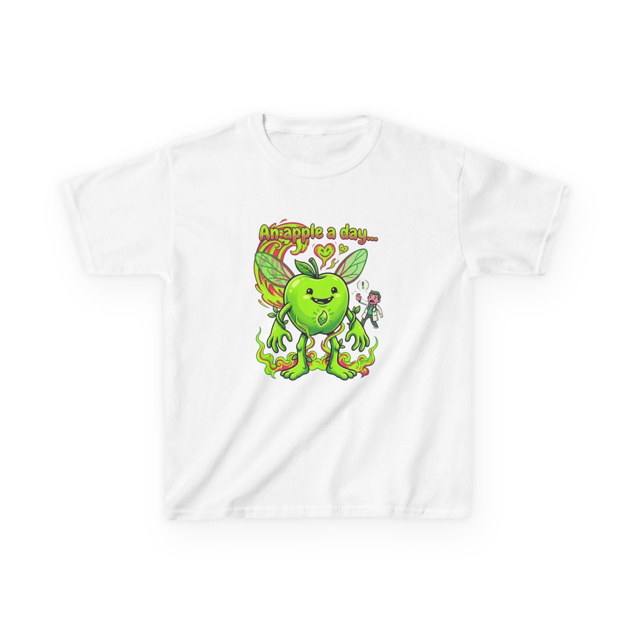 Kids Graphic Tee – 'An Apple a Day' Cute Green Alien Apple Cartoon ShirtEmber Spirit Apparel