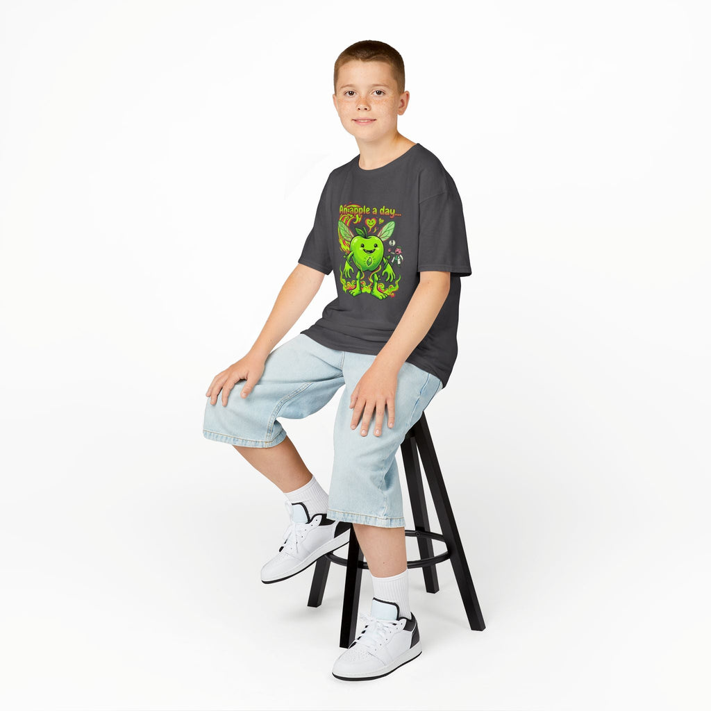 Kids Graphic Tee – 'An Apple a Day' Cute Green Alien Apple Cartoon ShirtEmber Spirit Apparel