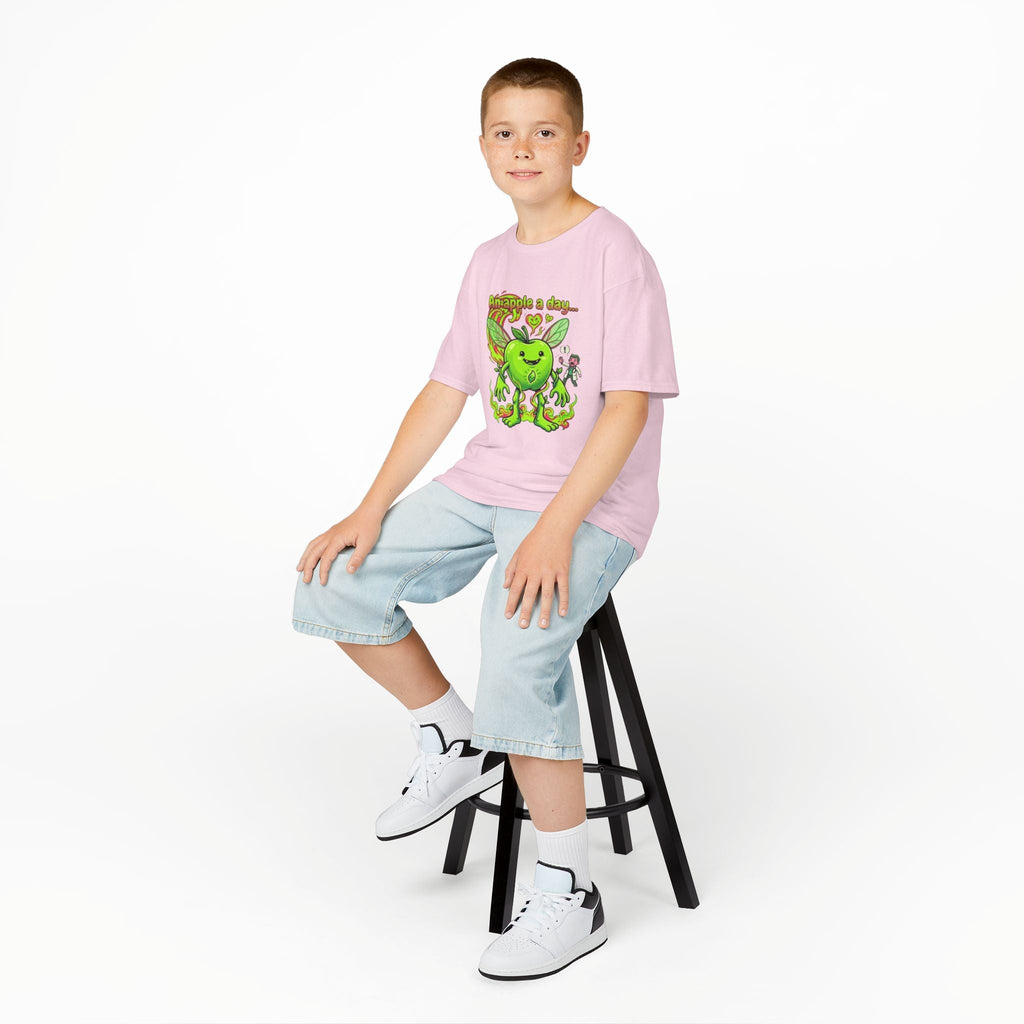 Kids Graphic Tee – 'An Apple a Day' Cute Green Alien Apple Cartoon ShirtEmber Spirit Apparel
